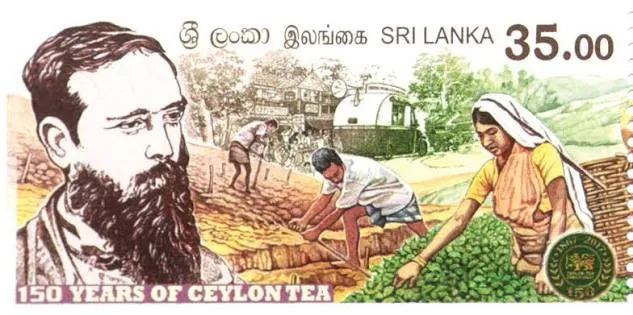 Sri Lankan commemorative stamp marking 150 years of Ceylon tea, featuring James Taylor and tea pluckers